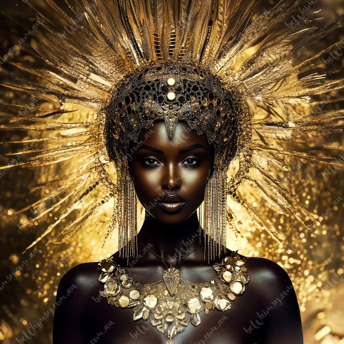 A high-contrast digital art portrait of a black woman with deep dark skin wearing a massive gold feathered crown and a hammered gold coin necklace.
