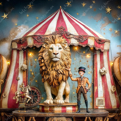 extra large furniture transfer rice paper A1 vintage circus scene with majestic lion, child ringmaster, carousel details and red striped tent for decoupage mirrored option