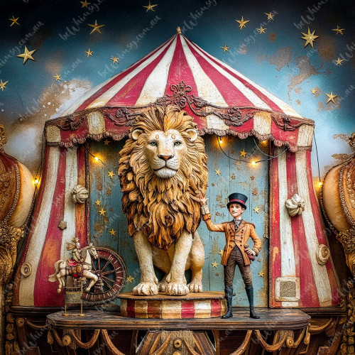 extra large furniture transfer rice paper A2 circus lion on pedestal with ringmaster boy, retro tent awning and starry backdrop mirrored option