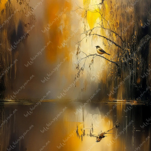 Minimalist nature scene with a lone bird and its reflection in still water, atmospheric painterly texture, beWhimsy decoupage art