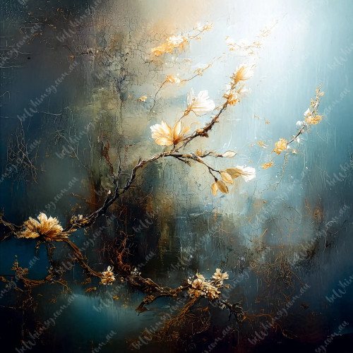 Painterly branch with pale blossoms stretching through layered blue and gold texture, beWhimsy artwork