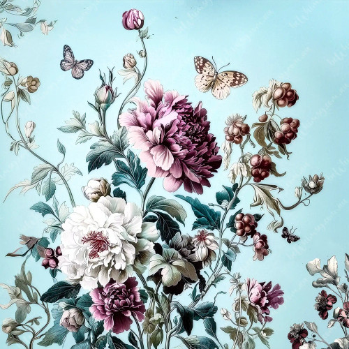 beWhimsy extra large decoupage paper rice paper A0 vintage botanical florals with butterflies on pale aqua background, peonies and berries for furniture decoupage mirrored option