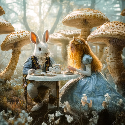 beWhimsy extra large decoupage paper rice paper A1 Alice and White Rabbit tea table in fantasy mushroom forest, blue gown and ornate teapot set mirrored option
