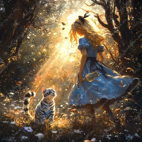 beWhimsy extra large decoupage paper rice paper A1 Alice with Cheshire Cat in enchanted woodland, blue dress heroine holding potion bottle under golden sunbeams mirrored option