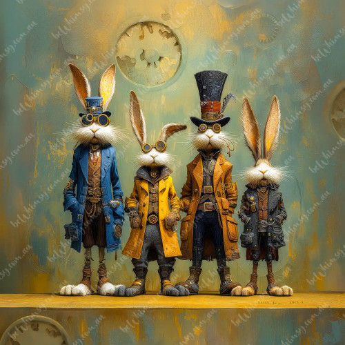 beWhimsy extra large decoupage paper featuring anthropomorphic rabbits in orderly formation with clockwork accents