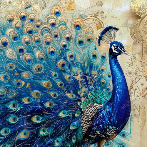 beWhimsy extra large furniture transfer rice paper A1 vibrant blue peacock showing ornate feathers with gold accents and vintage patterned backdrop for decoupage mirrored option