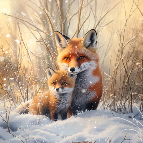 beWhimsy extra large furniture transfer A0 red fox and fox cub standing in winter snow with soft golden light rice paper mirrored option