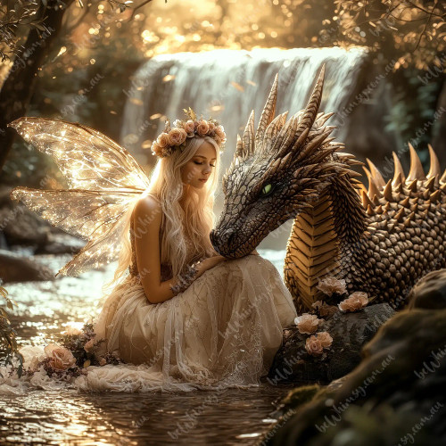 beWhimsy extra large furniture transfer A0 fairy with glowing wings sitting beside dragon in forest waterfall scene rice paper mirrored option
