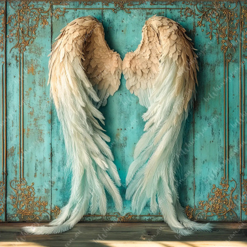 beWhimsy Sunday feathered angel wings decoupage furniture transfer on teal wood background.