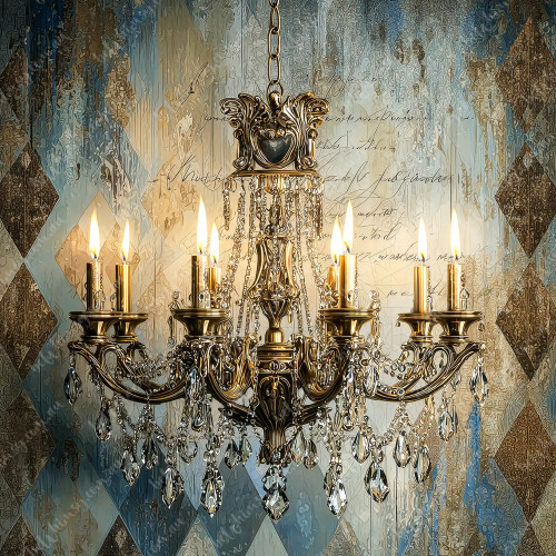 Whimsical furniture transfer of a lit candelabra against a distressed harlequin wallpaper.