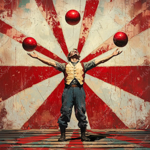 beWhimsy The Rise vintage circus juggler furniture transfer with red and white sunburst background.