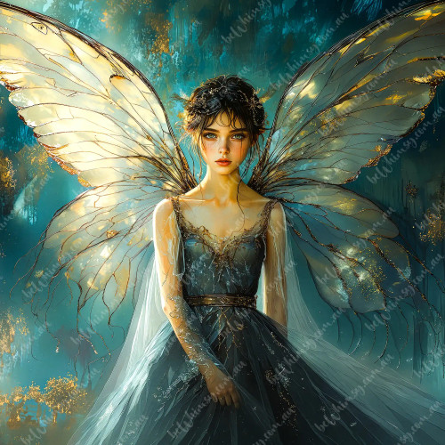 beWhimsy Nyra ethereal fairy decoupage furniture transfer with glowing gold-veined wings.