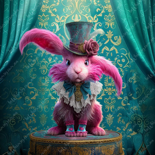 Extra large A1 decoupage rice paper featuring a pink rabbit in a steampunk top hat and lace ruff.