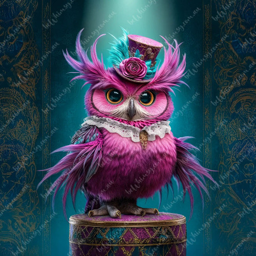 beWhimsy Hariette whimsical magenta owl decoupage furniture transfer with teal stage curtains.