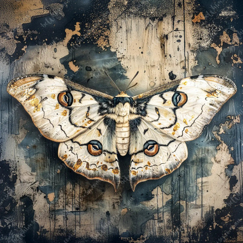 Extra large A1 decoupage rice paper featuring a large-scale moth with eye-pattern wings and weathered background.