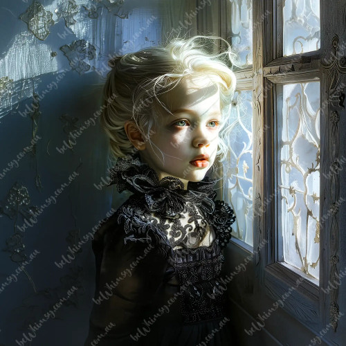 A Gothic digital painting of a pale, blonde girl in a black lace dress looking out a frosty, vintage window pane.