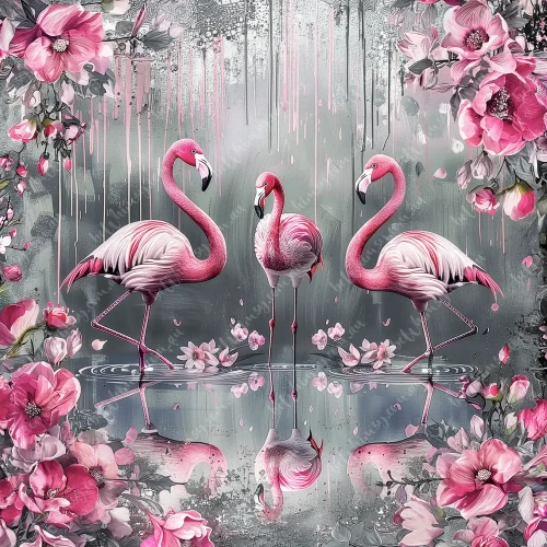 A high-contrast digital painting of three pink flamingos wading in water with clean reflections, framed by large pink flowers against a gray paint-dripped background.