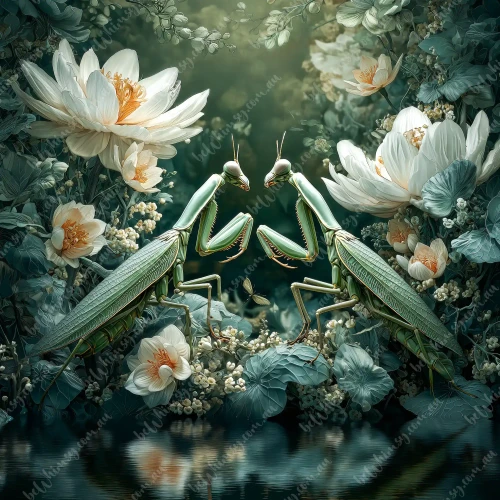 A high-contrast digital illustration of two green praying mantises facing each other symmetrically over a dark pool of water surrounded by large white flowers.