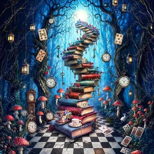 Alice in Wonderland pile of books with checkerboard floors