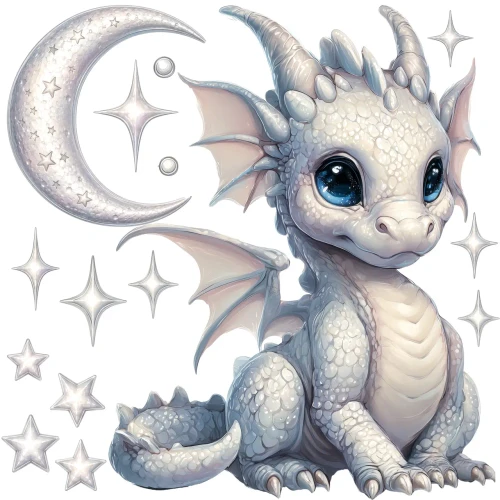 A layout chart of the Dream Guardian fabric decal sheet on a white background, featuring the baby dragon, moon, and stars. Text in the upper left corner lists the exact sheet dimensions for Small, Medium, and Large size options.
