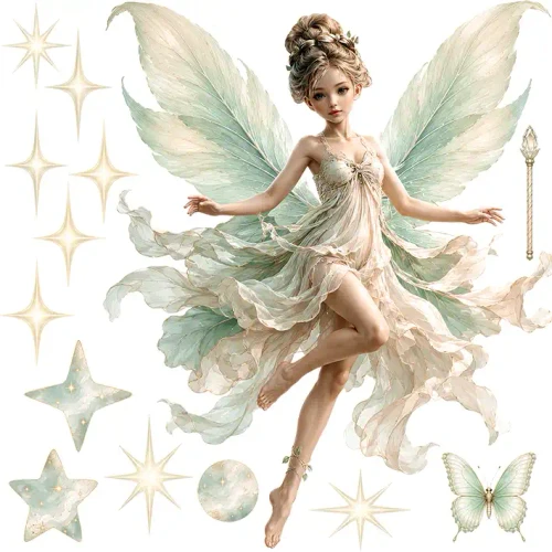 A product layout image showing the complete Sylvan the Woodland Fairy decal set on a plain white background, featuring an elegant fairy with soft feather wings, a crystal staff, a white flower, and multiple gold star stickers.