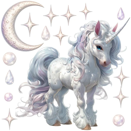 A product layout image showing the complete Wish Keeper decal set on a plain white background, featuring a majestic white unicorn with a long spiral horn and pastel-tinted wavy mane, a large crescent moon filled with tiny stars, multiple sharp diamond stars, glossy pinkish round pearls, and iridescent teardrop crystal stickers.