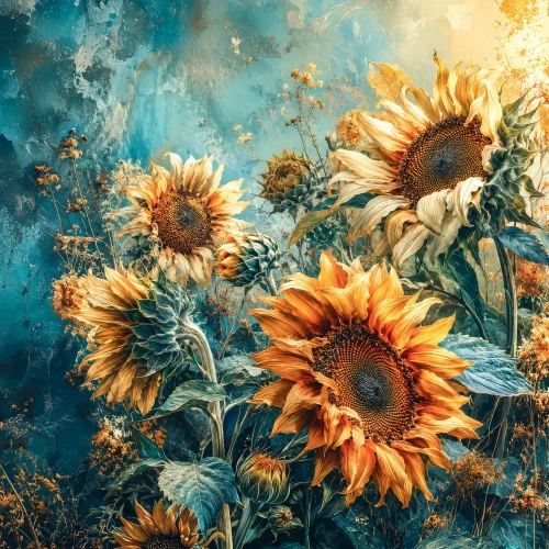 Late Summer by beWHIMSY featuring large golden sunflowers with irregular petals against a richly textured deep teal background.