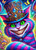 A vibrant and colorful artistic depiction of a Cheshire cat with a wide grin, adorned with a ornate blue hat with gold details. The background features a whimsical setting with glowing mushrooms and butterflies.