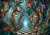 Alice in Wonderland Magical fairytale forest design with checkerboard floor, towering mushrooms, and ornate furniture under glowing lanterns, furniture transfer