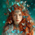 Red-haired girl portrait surrounded by blue butterflies with freckles and turquoise eyes on teal background