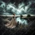 Whimsical furniture transfer of a windswept field under a dramatic cloudy sky by a river.