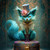 Huego the turquoise fox wearing a rose-crowned top hat and lace collar, perched on an ornate stool against a glowing teal and gold background.