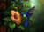 Elegant blue and green hummingbird captured mid-flight at an orange hibiscus, ideal for extra-large decoupage or artistic wall prints.