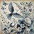 Vintage-style illustration of a bird and butterflies among flowers on a textured background