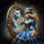 Alice in wonderland  in a blue dress and top hat interacting with a cheshire cat in a mirror.