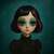 Cosette gothic doll art print with large teal eyes and black-pink hair, soft surreal pop-art style