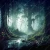 A high-contrast digital painting of a misty, enchanted swamp forest at night with glowing fireflies, ancient mossy trees, and a dark stream reflecting light.