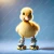 A high-contrast digital illustration of a fluffy yellow duckling standing forward-facing while wearing white quad roller skates with yellow wheels on a soft blue background. ``