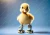 Detailed closeup of ultra-fluffy baby bird down feathers and realistic leather texture on tiny quad skates printed on fibrous rice paper.
