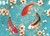 Japanese koi and floral design on aqua background for decoupage crafts