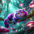 Glow-lit fantasy Cheshire Cat with rich fur texture, dangling pose, and neon teal and magenta forest atmosphere.