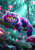 Vibrant Cheshire Cat hanging lazily on a branch in a glowing teal forest with pink mushrooms and bright purple-pink stripes