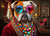 Steampunk-inspired bulldog dressed in velvet and jewels, sitting in ornate Victorian room