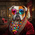 Whimsical bulldog artwork featuring colorful glasses, rich textures, and a lavish antique setting