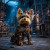Cute stylized Yorkshire Terrier warrior in polished brass steampunk armor against pipes, chimneys, and a futuristic industrial backdrop