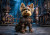 Cute stylized Yorkshire Terrier warrior in polished brass steampunk armor against pipes, chimneys, and a futuristic industrial backdrop