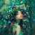Green fantasy portrait of woman with closed eyes surrounded by dense foliage and flowers