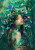 Botanical surreal portrait with floral crown, butterflies and layered emerald greenery