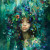 Green fantasy portrait of woman with closed eyes surrounded by dense foliage and flowers