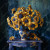beWhimsy painterly floral scene showing clay sunflowers on an indigo table, quietly moving toward life